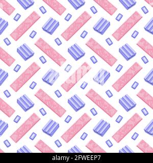 Vector Bubble Gum Seamless Pattern, square repeating bubblegum background for kids textile, poster with cut out illustrations of many bubble gums and Stock Vector