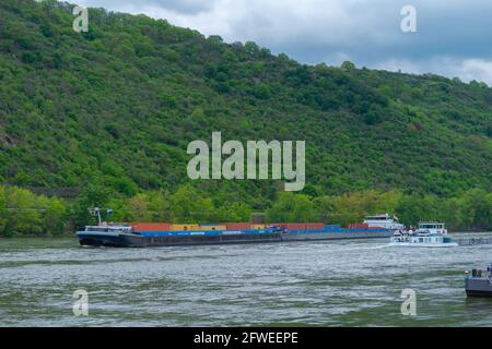 Inland water navigation, Dutch container ship on the Rhine river near Boppard, Rhine Valley, UNESCO World Heritage, Rhineland-Palatinate, Germany Stock Photo