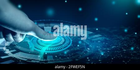 Businessman using fingerprint scan. Fingerprint scan provides access with biometrics identification on the digital convergence. Technology, Security. Stock Photo