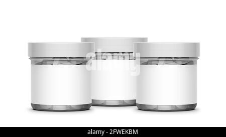 3d rendering of  transparent plastic pills jars with blank label and lid isolated on white background. added copy space for text and fit for your desi Stock Photo