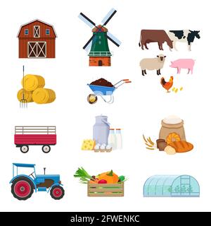 Set of farm buildings, animals and products Stock Vector