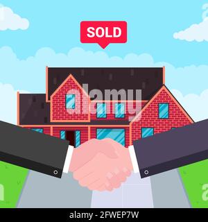 Buying new house on sale. Two hands shaking, big deal agreement flat style vector illustration. Stock Vector