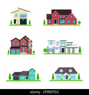 Modern and classic house exterior set flat style design vector illustration Stock Vector
