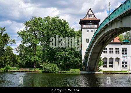 Berlin, Germany - May 21, 2021: Historic abbey bridge to the Insel der Jugend in Berlin-Treptow with the striking bridge tower. Stock Photo