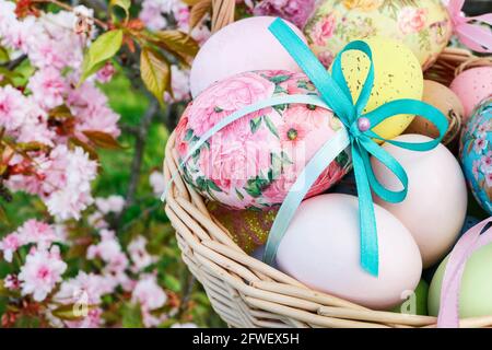 Easter eggs decorated with decoupage technique. Festive decor Stock Photo