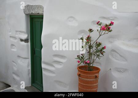 Picturesque adobe house facade with a whitewashed wall, a green wooden door and a handmade clay urn with flowers in Amorgos island, Cyclades Greece. Stock Photo