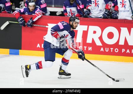 22.05.2021, Riga, Olympic Sports Centre, Great Britain vs Russia (2021 IIHF Ice Hockey World Championship), #14 Liam Kirk (Great Britain) in action. Few minutes later open the scores for Great Britain. (Switzerland/Croatia OUT) Stock Photo