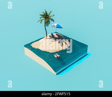 isometric illustration of a small island with palm tree and beach accessories. summer concept. 3d render Stock Photo