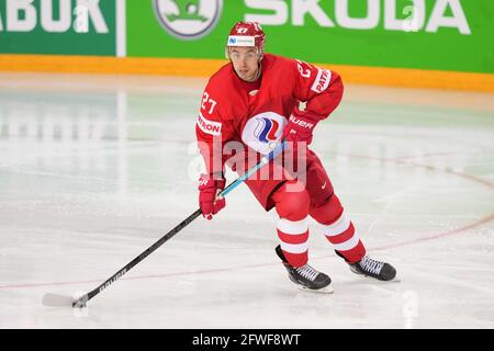 22.05.2021, Riga, Olympic Sports Centre, Great Britain vs Russia (2021 IIHF Ice Hockey World Championship), #27 Igor Ozhiganov (Russia) looking for the first pass (Switzerland/Croatia OUT) Stock Photo