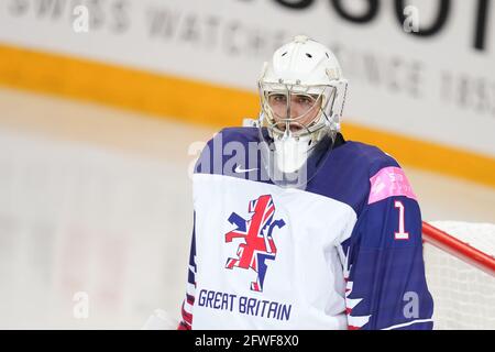 22.05.2021, Riga, Olympic Sports Centre, Great Britain vs Russia (2021 IIHF Ice Hockey World Championship), goalkeeper Jackson Whistle (Great Britain) looking at the face-off (Switzerland/Croatia OUT) Stock Photo