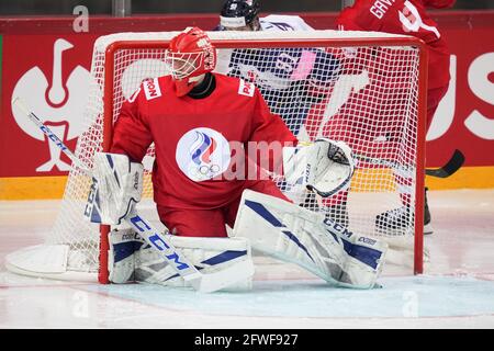 22.05.2021, Riga, Olympic Sports Centre, Great Britain vs Russia (2021 IIHF Ice Hockey World Championship), goalkeeper Ivan Bocharov (Russia) in action covering the net (Switzerland/Croatia OUT) Stock Photo
