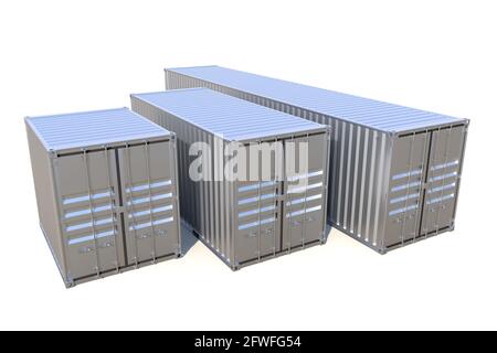 Metallic ship cargo containers 10 20 and 40 feet 3D illustration Stock Photo