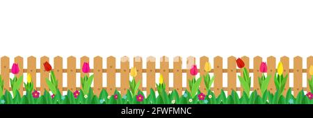 Flowers growing in front of wooden fence Stock Vector