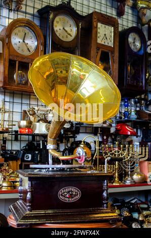 BARCELONA, SPAIN - MAY 09, 2018. Gramophone in an antique shop in Barcelona. Vertical image Stock Photo