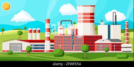 Factory Building With Nature Landscape. Stock Vector