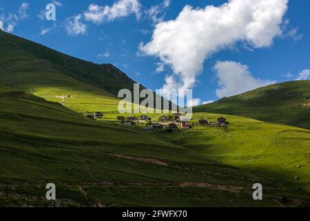 An image of houses positioned on mountains where nature gushes from the bosom. Turkey, Black Sea Region. Stock Photo