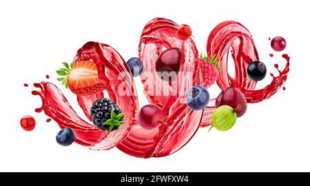 Mix of fresh summer berries with berry juice splash isolated on white background Stock Photo