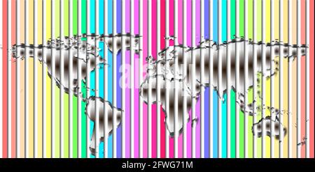 Colorful striped rainbow world map with shadows, elements of this image furnished by NASA. Stock Photo