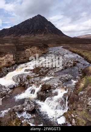 Buachaille Etive Mor and waterfall on the river coupall in glencoe Stock Photo