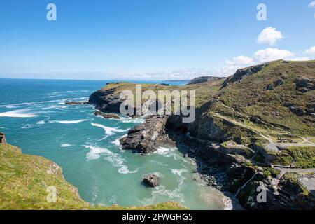 View over Tintagel Castle towards Barras Nose and the Atlantic Ocean, Cornwall. Stock Photo