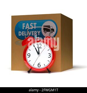 Alarm clock and big cardboard box on white background. 3D rendering Stock Photo