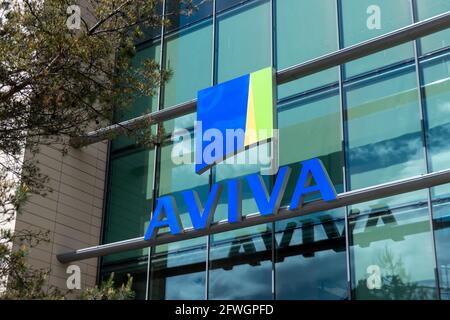 Sign outside the building housing the headquarters of the insurance company Aviva France Stock Photo