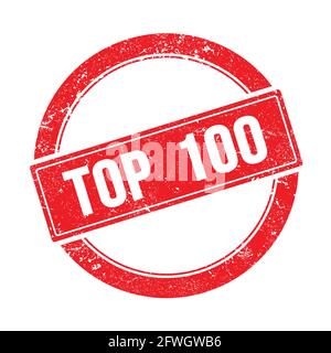 TOP  100 text on red grungy round vintage stamp. Stock Photo