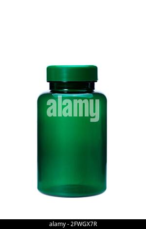 green plastic bottle closed lid for medicines and human health care isolated object on white background, nobody. Stock Photo