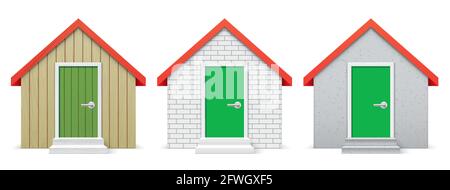 Set of cottages built with different materials. House vector illustration. Stock Vector