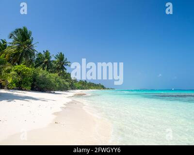 Maldives tropical islands panoramic scene, idyllic beach palm tree vegetation and clear water Indian ocean sea, tourist resort holiday vacation Stock Photo