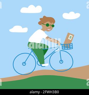 Green parcels delivery by bike. Guy cyclist with a package on minimalistic nature background. Eco friendly delivery concept. Vector illustration Stock Vector