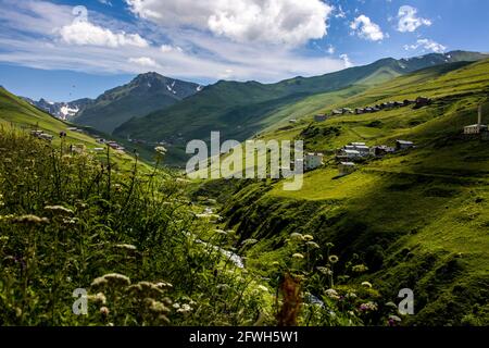 An image of houses positioned on mountains where nature gushes from the bosom. Turkey, Black Sea Region. Stock Photo