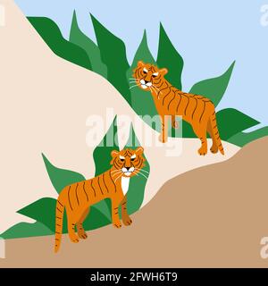 Two hand drawn wild tigers on abstract background with green leaves. Save wild animals poster, protect tigers from extinction. Kids style vector illustration Stock Vector