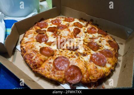 Pepperoni pizza in box - USA Stock Photo