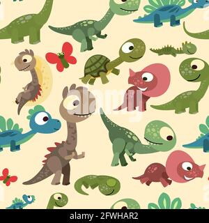 Little cubs dinosaurs. Seamless background illustration. Cheerful kind animal baby dino. Cartoons flat style. Prehistoric reptile. Funny. vector Stock Vector