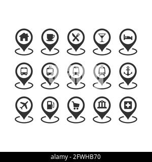 Location pin marker black vector icon set. Hospital, bus, train station, restaurant symbols. Stock Vector