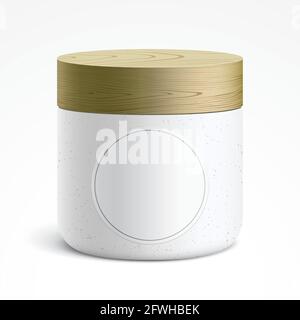White container with a blank round label, covered with a wooden lid. Vector mockup of the ceramic jar with copy space, standing isolated on a white background. Stock Vector
