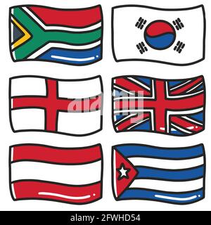 illustration of the flags of six world countries hand-drawn doodle art and design element Stock Vector