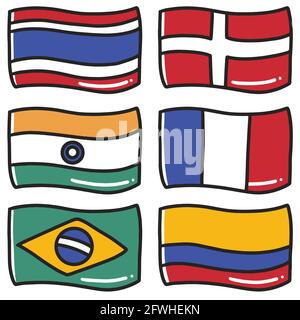 illustration of the flags of six world countries hand-drawn doodle art and design element Stock Vector
