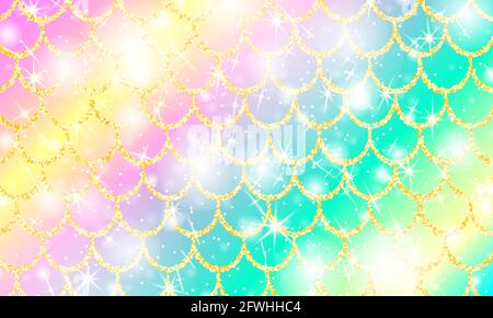 Holographic rainbow background. Gold scales. Mermaid print. Vector Stock Vector