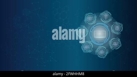 Futuristic interface Christianity with glowing open bible in the center and church icons around. copy space. Stock Vector