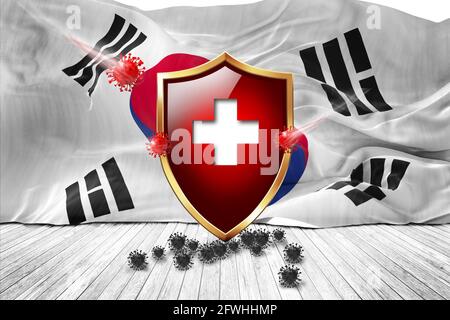 South korea flag with Metal Shiny red shield. virus protection, hygiene shield. virus Vaccine Protection aganst coronavirus, Health Care, Safety Badge Stock Photo