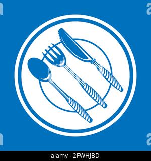 Food Icon for Cafe. Fork Spoon Knife Logo Design Isolated on Blue Background Stock Vector