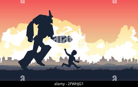 Silhouette of activities in the future of people and robot live together,vector illustration Stock Vector