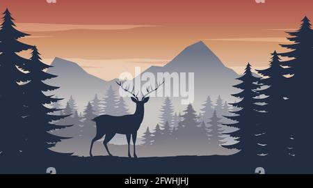 deer standing in the pine jungle on the sunset time,vector illustration Stock Vector