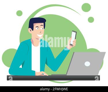 Young man working from home with laptop sitting at the desk holding phone. Stock Vector