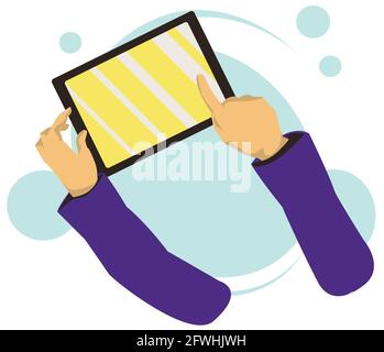 Hand holing a tablet, touching blank screen. Stock Vector