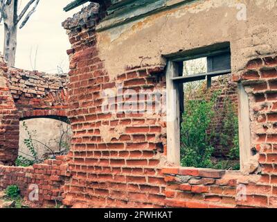 Abandoned bricken house without roof, with holes instead windows and with trees inside. Dilapidated, ruined building Stock Photo