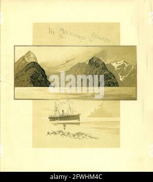 Vintage painting of Milford Sound, Fiordland, New Zealand, from a tourist publication in 1894 Stock Photo