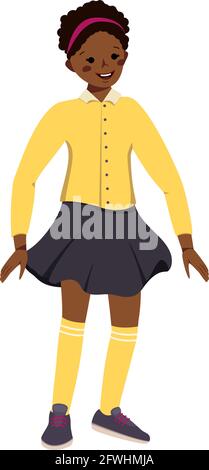 A cute little girl in a skirt and shirt with dark skin and black curly hair. Happy smiling African American kid. Teenager with face and eyes. World Stock Vector